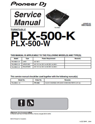 PIONEER PLX-500-W PLX-500-K TURNTABLE SERVICE MANUAL INC PCBS SCHEM DIAGS AND PARTS LIST 15 PAGES ENG