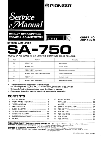 PIONEER SA-750 STEREO AMPLIFIER SERVICE MANUAL INC BLK DIAG PCBS SCHEM DIAGS AND PARTS LIST 32 PAGES ENG