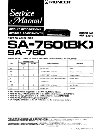 PIONEER SA-760 STEREO AMPLIFIER SERVICE MANUAL INC BLK DIAG PCBS SCHEM DIAG AND PARTS LIST 25 PAGES ENG