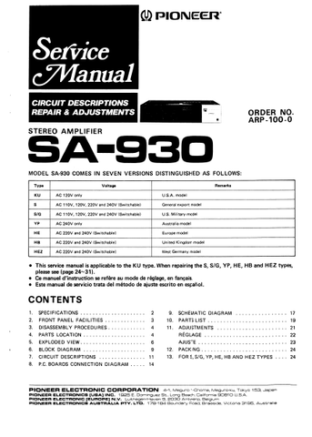 PIONEER SA-930 STEREO AMPLIFIER SERVICE MANUAL INC BLK DIAG PCBS SCHEM DIAGS AND PARTS LIST 24 PAGES ENG