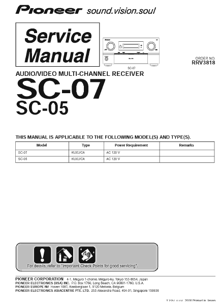 PIONEER SC-05 SC-07 AV MULTI CHANNEL RECEIVER SERVICE MANUAL INC BLK DIAGS PCBS SCHEM DIAGS AND PARTS LIST 227 PAGES ENG