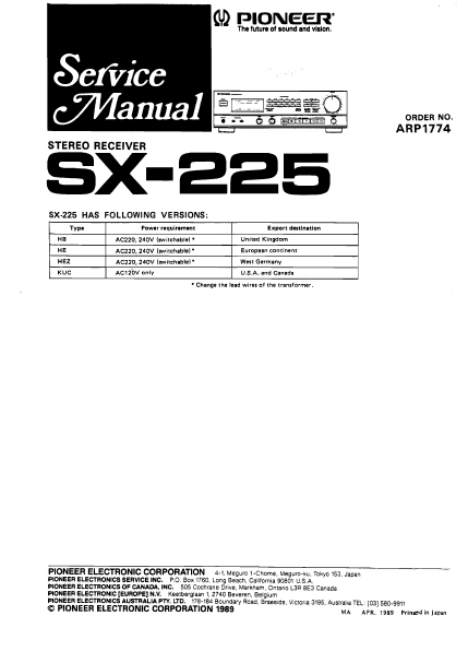 PIONEER SX-225 STEREO RECEIVER SERVICE MANUAL INC PCBS SCHEM DIAGS AND PARTS LIST 33 PAGES ENG