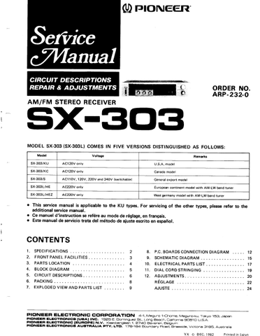 PIONEER SX-303 AM FM STEREO RECEIVER SERVICE MANUAL INC BLK DIAG PCBS SCHEM DIAG DIAL STRINGING CORD DIAG AND PARTS LIST 27 PAGES ENG