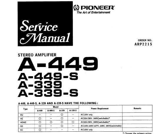 PIONEER A-339 A-339-S A-449 A-449-S STEREO AMPLIFIER SERVICE MANUAL INC SCHEM DIAGS PC BOARDS CONN DIAGS AND PARTS LIST 24 PAGES ENG