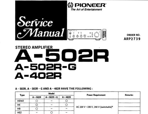 PIONEER A-402R A-502R A-502R-G STEREO AMPLIFIER SERVICE MANUAL INC SCHEM AND PCB CONN DIAGS AND PARTS LIST 24 PAGES ENG