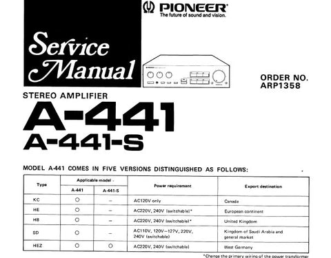 PIONEER A-441 A-441-S STEREO AMPLIFIER SERVICE MANUAL INC SCHEM DIAG PC BOARDS CONN DIAG AND PARTS LIST 21 PAGES ENG