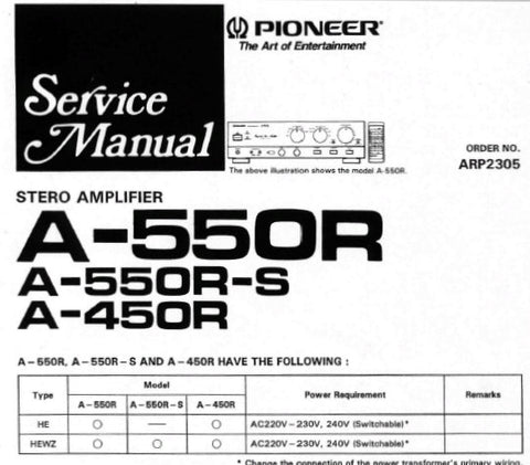 PIONEER A-450R A-550R A-550R-S STEREO AMPLIFIER SERVICE MANUAL INC SCHEM DIAG PC BOARDS CONN DIAG AND PARTS LIST 32 PAGES ENG