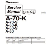 PIONEER A-50 A-50-S A-50-K A-70-K A-70-S STEREO INTEGRATED AMPLIFIER SERVICE MANUAL INC OVERALL CONN DIAG BLK DIAG TRSHOOT GUIDE SCHEM DIAGS PCBS AND PARTS LIST 108 PAGES ENG