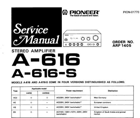 PIONEER A-616 A-616-S A-616MKII A-616MKII-S STEREO AMPLIFIER SERVICE MANUAL INC SCHEM DIAGS PC BOARDS CONN DIAGS AND PARTS LIST 46 PAGES ENG