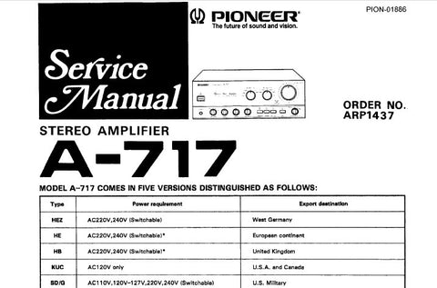 PIONEER A-717 A-717MKII STEREO AMPLIFIER SERVICE MANUAL INC SCHEM DIAG PC BOARDS CONN DIAG AND PARTS LIST 35 PAGES ENG