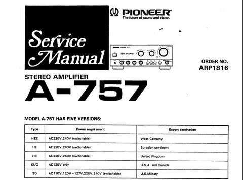 PIONEER A-757 STEREO AMPLIFIER SERVICE MANUAL INC SCHEM DIAGS PC BOARDS CONN DIAGS AND PARTS LIST 35 PAGES ENG
