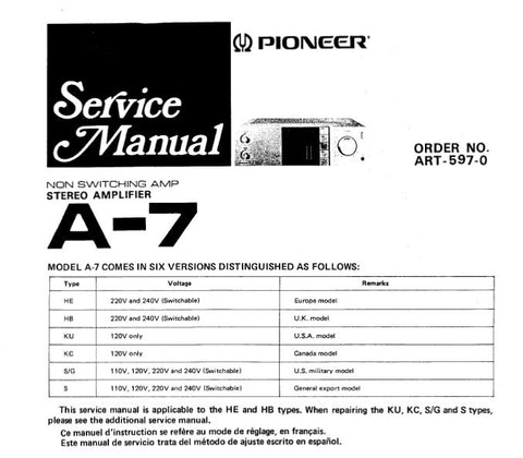 PIONEER A-7 STEREO AMP SERVICE MANUAL INC BLK DIAG SCHEMS PCBS AND PARTS LIST 32 PAGES ENG