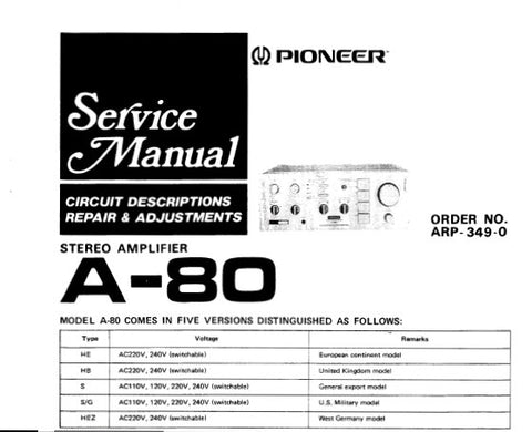 PIONEER A-80 STEREO AMPLIFIER SERVICE MANUAL INC BLK DIAG PCBS SCHEM DIAG AND PARTS LIST 31 PAGES ENG