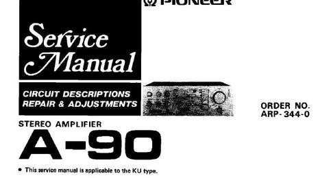 PIONEER A-90 STEREO AMPLIFIER SERVICE MANUAL INC BLK DIAG PCBS SCHEM DIAG AND PARTS LIST 42 PAGES ENG