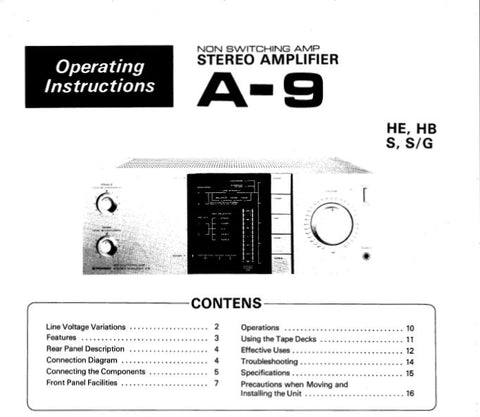 PIONEER A-9 STEREO AMP OPERATING INSTRUCTIONS INC CONN DIAGS AND TRSHOOT GUIDE 16 PAGES ENG