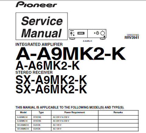 PIONEER A-A6MK2-K A-A9MK2-K INTEGRATED AMPLIFIER SX-A6MK2-K SX-A9MK2-K STEREO RECEIVER SERVICE MANUAL INC OVERALL WIRING DIAG OVERALL BLK DIAG TRSHOOT GUIDE SCHEM DIAG PCB CONN DIAG AND PARTS LIST 89 PAGES ENG