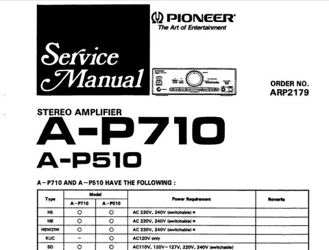 PIONEER A-P510 A-P710 STEREO AMPLIFIER SERVICE MANUAL INC SCHEM DIAG AND PC BOARDS CONN DIAG AND PARTS LIST 32 PAGES ENG