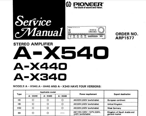 PIONEER A-X340 A-X440 A-X540 STEREO AMPLIFIER SERVICE MANUAL INC SCHEM DIAG AND PC BOARDS CONN DIAG AND PARTS LIST 36 PAGES ENG