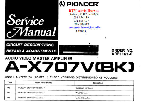 PIONEER A-X707V AV MASTER AMPLIFIER SERVICE MANUAL INC BLK DIAG PC BOARDS CONN DIAG SCHEM DIAG AND PARTS LIST 38 PAGES ENG