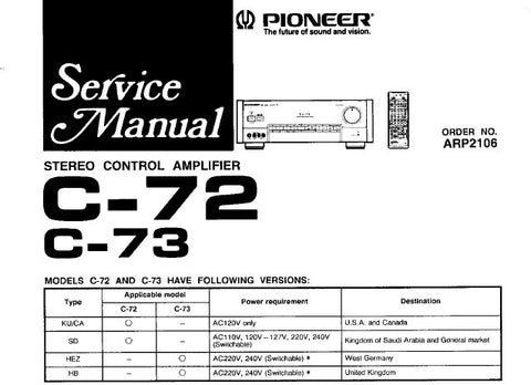 PIONEER C-72 C-73 STEREO CONTROL AMPLIFIER SERVICE MANUAL INC SCHEM DIAGS AND PC BOARDS CONN DIAGS AND PARTS LIST 59 PAGES ENG