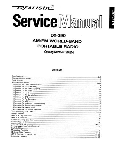 RADIOSHACK REALISTIC DX-390 AM FM WORLDBAND PORTABLE RADIO SERVICE MANUAL INC BLK DIAG PCBS WIRING DIAG SCHEM DIAGS AND PARTS LIST 62 PAGES ENG