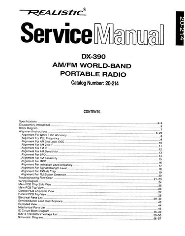 RADIOSHACK REALISTIC DX-390 AM FM WORLDBAND PORTABLE RADIO SERVICE MANUAL INC BLK DIAG PCBS WIRING DIAG SCHEM DIAGS AND PARTS LIST 62 PAGES ENG