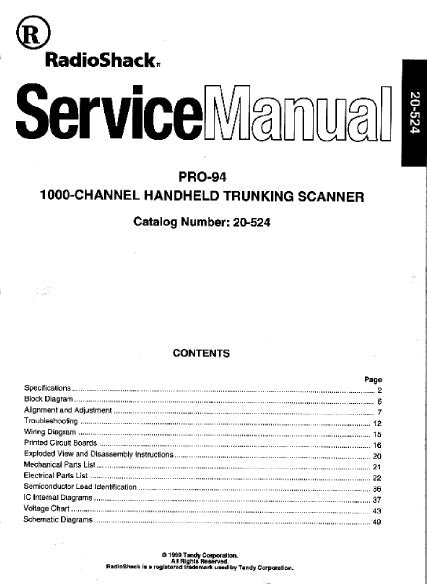 RADIOSHACK PRO-94 1000 CHANNEL HANDHELD TRUNKING SCANNER SERVICE MANUAL INC BLK DIAG PCBS WIRING DIAG SCHEM DIAGS AND PARTS LIST 53 PAGES ENG