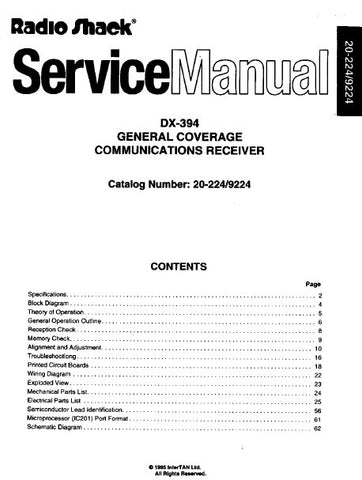 RADIOSHACK REALISTIC DX-394 GENERAL COVERAGE COMMUNICATIONS RECEIVER SERVICE MANUAL INC BLK DIAG PCBS WIRING DIAG SCHEM DIAG AND PARTS LIST 65 PAGES ENG