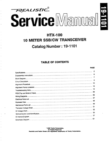 RADIOSHACK REALISTIC HTX-100 10 METER SSB CW TRANSCEIVER SERVICE MANUAL INC BLK DIAG PCBS WIRING DIAG  SCHEM DIAG AND PARTS LIST 66 PAGES ENG