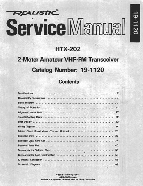 RADIOSHACK REALISTIC HTX-202 2 METER AMATEUR VHF FM TRANSCEIVER SERVICE MANUAL INC BLK DIAGS WIRING DIAG PCBS SCHEM DIAG AND PARTS LIST 72 PAGES ENG