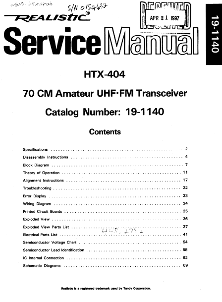 RADIOSHACK REALISTIC HTX-404 70 CM AMATEUR UHF FM TRANSCEIVER SERVICE MANUAL INC BLK DIAG WIRING DIAG PCBS SCHEM DIAGS AND PARTS LIST 66 PAGES ENG