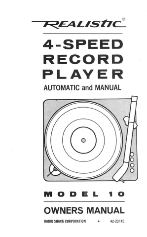 RADIOSHACK REALISTIC MODEL 10 4 SPEED RECORD PLAYER OWNERS MANUAL 8 PAGES ENG