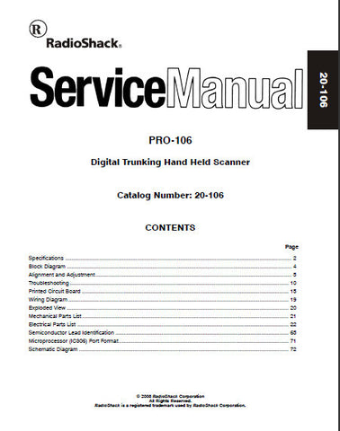 RADIOSHACK REALISTIC PRO-106 DIGITAL TRUNKING HAND HELD SCANNER SERVICE MANUAL INC BLK DIAG WIRING DIAG PCBS SCHEM DIAGS AND PARTS LIST 73 PAGES ENG