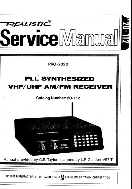 RADIOSHACK REALISTIC PRO-2020 PLL SYNTHESIZED UHF VHF AM FM RECEIVER SERVICE MANUAL INC WIRING DIAG PCBS SCHEM DIAGS AND PARTS LIST 38 PAGES ENG