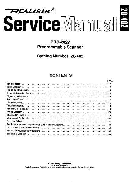 RADIOSHACK REALISTIC PRO-2027 PROGRAMMABLE SCANNER SERVICE MANUAL INC BLK DIAG PCBS SCHEM DIAGS AND PARTS LIST 54 PAGES ENG