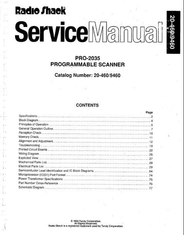 RADIOSHACK REALISTIC PRO-2035 PROGRAMMABLE SCANNER SERVICE MANUAL INC BLK DIAG PCBS WIRING DIAG SCHEM DIAGS AND PARTS LIST 78 PAGES ENG