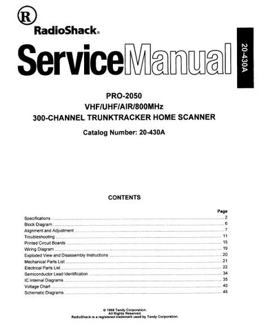 RADIOSHACK REALISTIC PRO-2050 VHF UHF AIR 800MHz 300 CHANNEL TRUNKTRACKER HOME SCANNER SERVICE MANUAL INC BLK DIAG PCBS WIRING DIAG AND PARTS LIST 48 PAGES ENG