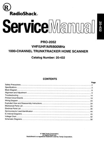 RADIOSHACK REALISTIC PRO-2052 VHF UHF AIR 800MHz 1000 CHANNEL TRUNKTRACKER HOME SCANNER SERVICE MANUAL INC BLK DIAG PCBS WIRING DIAG AND PARTS LIST 58 PAGES ENG