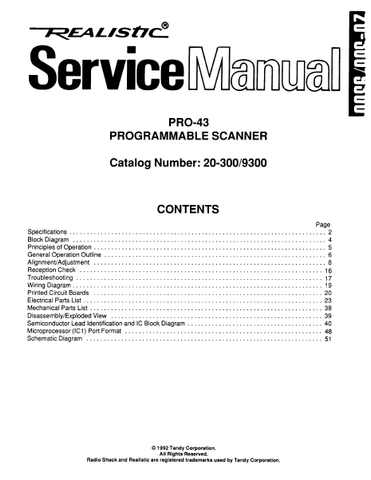 RADIOSHACK REALISTIC PRO-43 PROGRAMMABLE SCANNER SERVICE MANUAL INC BLK DIAG WIRING DIAG PCBS SCHEM DIAG AND PARTS LIST 53 PAGES ENG