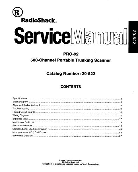 RADIOSHACK REALISTIC PRO-92 500 CHANNEL PORTABLE TRUNCKING SCANNER SERVICE MANUAL INC BLK DIAG PCBS WIRING DIAG SCHEM DIAGS AND PARTS LIST 59 PAGES ENG