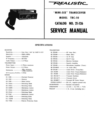 RADIOSHACK REALISTIC TRC-10 MINI SIX TRANSCEIVER SERVICE MANUAL INC BLK DIAG PCB SCHEM DIAG AND PARTS LIST 8 PAGES ENG