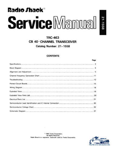 RADIOSHACK REALISTIC TRC-463 CB 40 CHANNEL TRANSCEIVER SERVICE MANUAL INC BLK DIAG PCBS WIRING DIAG AND PARTS LIST 33 PAGES ENG