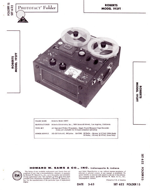 ROBERTS 192FT SINGLE TRACK MONAURAL TAPE RECORDER SERVICE MANUAL INC SCHEM DIAG AND PARTS LIST 12 PAGES ENG