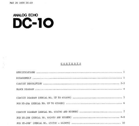 ROLAND DC-10 ANALOG ECHO SERVICE NOTES BOOK INC BLK DIAG PCBS SCHEM DIAGS AND PARTS LIST 18 PAGES ENG