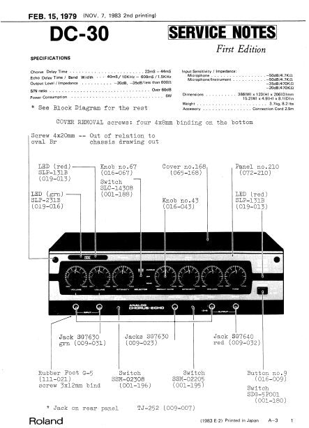 ROLAND DC-30 ANALOG CHORUS ECHO SERVICE NOTES BOOK INC BLK DIAG PCB SCHEM DIAG AND PARTS LIST 4 PAGES ENG
