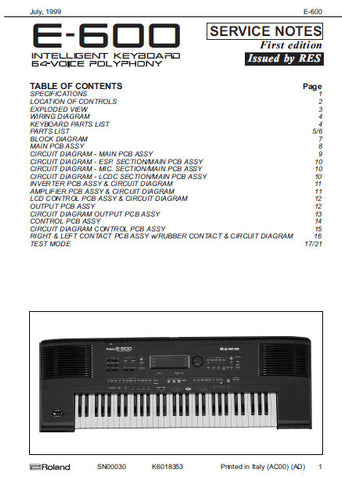 ROLAND E-600 INTELLIGENT KEYBOARD SERVICE NOTES BOOK INC BLK DIAG WIRING DIAG PCBS SCHEM DIAGS AND PARTS LIST 21 PAGES ENG