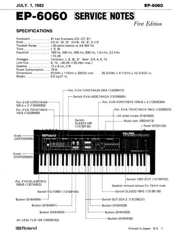 ROLAND EP-6060 KEYBOARD SERVICE NOTES BOOK INC BLK DIAG PCBS SCHEM DIAGS AND PARTS LIST 10 PAGES ENG