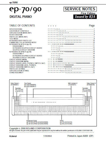 ROLAND EP-70 EP-90 DIGITAL PIANO SERVICE NOTES BOOK INC BLK DIAG PCBS SCHEM DIAG AND PARTS LIST 23 PAGES ENG