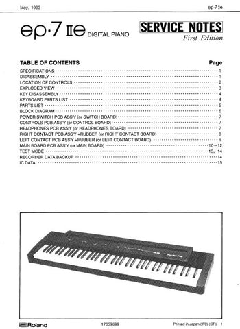 ROLAND EP-7IIE DIGITAL PIANO SERVICE NOTES BOOK INC BLK DIAG PCBS SCHEM DIAGS AND PARTS LIST 15 PAGES ENG