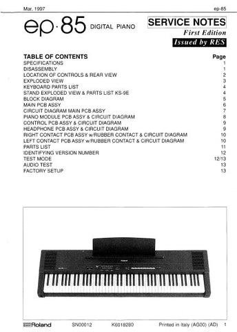 ROLAND EP-85 DIGITAL PIANO SERVICE NOTES BOOK INC BLK DIAG PCBS SCHEM DIAGS AND PARTS LIST 13 PAGES ENG